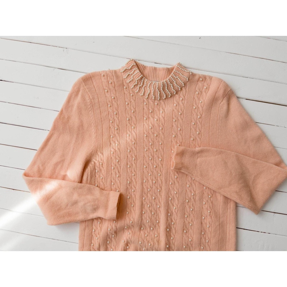 vintage pastel‎ peach angora cable knit pearl mockneck sweater
